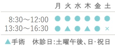 診療時間　8:30～12:00 14:00～17:00 休診日:土曜午後、日・祝日